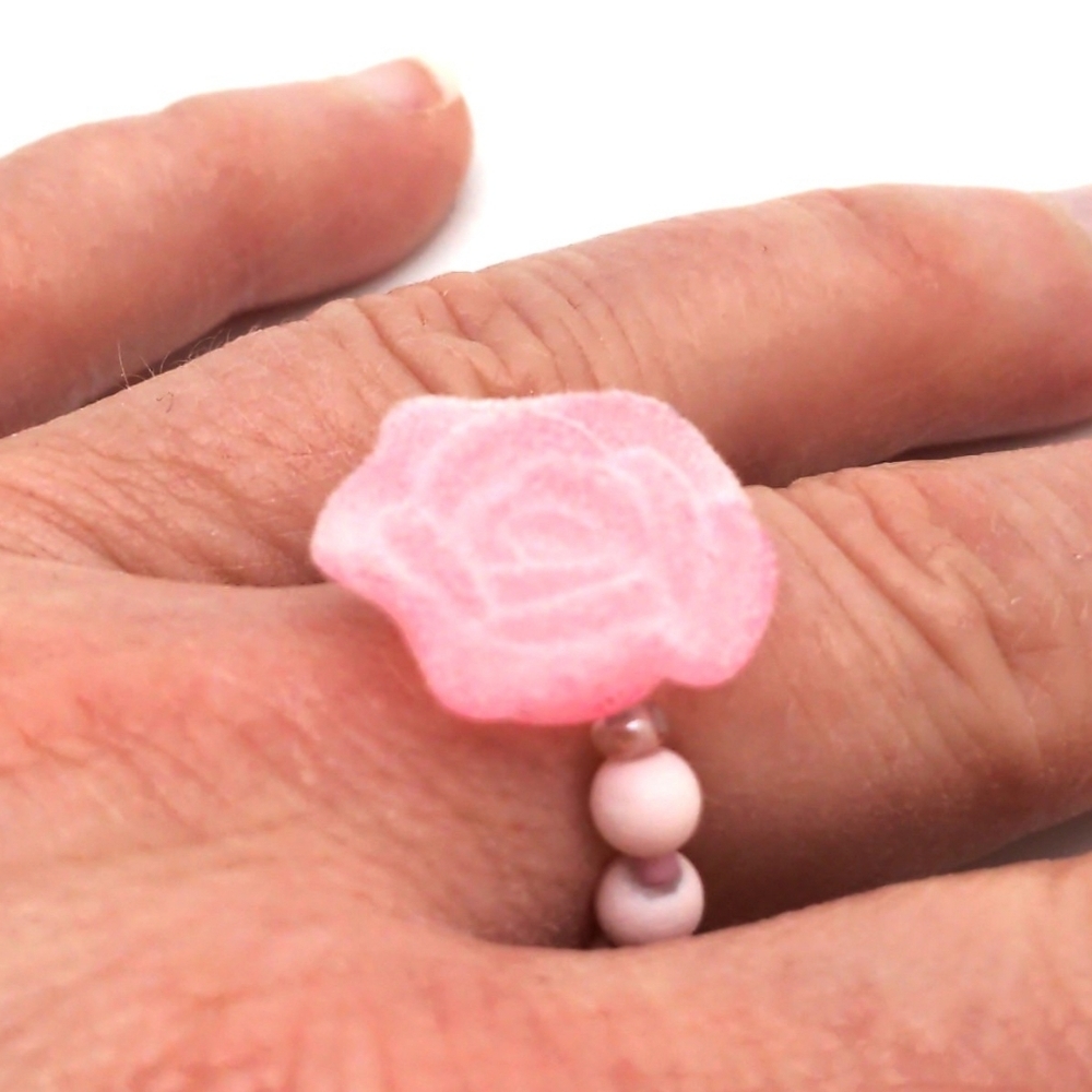 381MIDALANE Flocked Pink Beaded Rose Ring